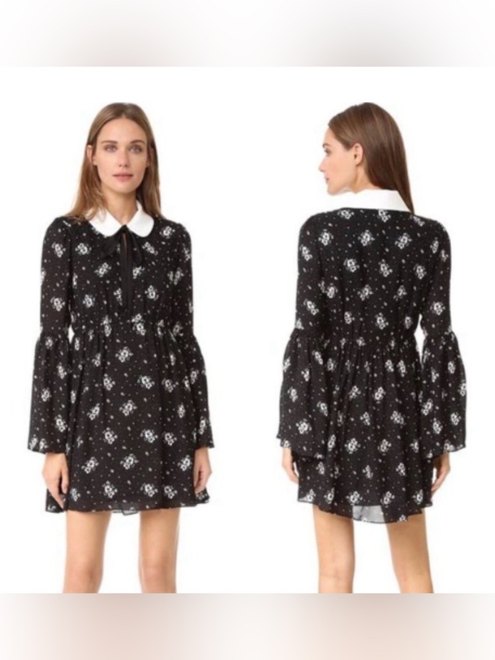 cinq a sept Black Floral Lily Bell Sleeve Mini Dress with White Peter Pan Collar
